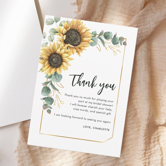 Tarjeta De Agradecimiento Vegetación floral Sunflower Script Bridal Shower (Floral Greenery Sunflower Script Bridal Shower Thank You Card)