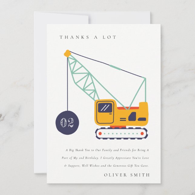 Tarjeta De Agradecimiento Vehículo Grúa de Construcción Adorable Cumpleaños  (Anverso)