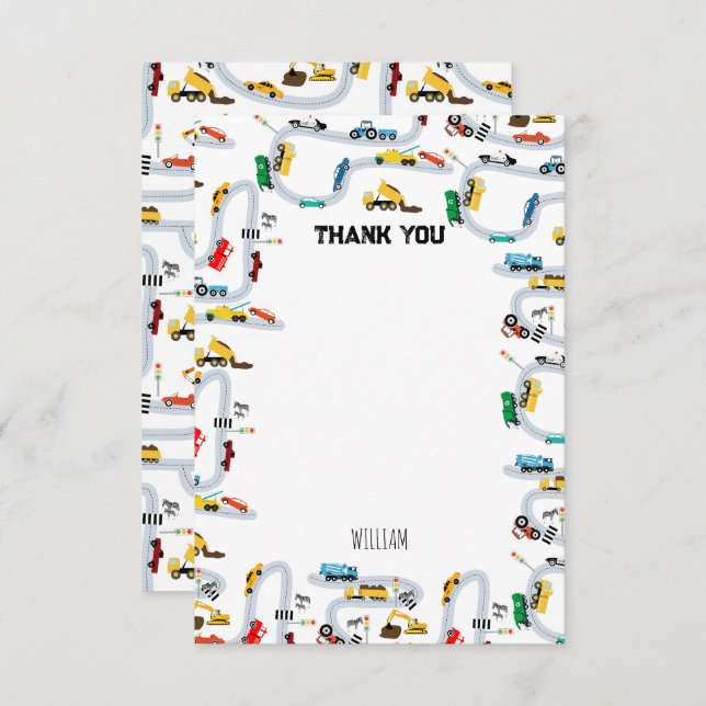 Tarjeta De Agradecimiento Vehículos de Transporte Coches y Camiones Vía Niño (Anverso / Reverso)