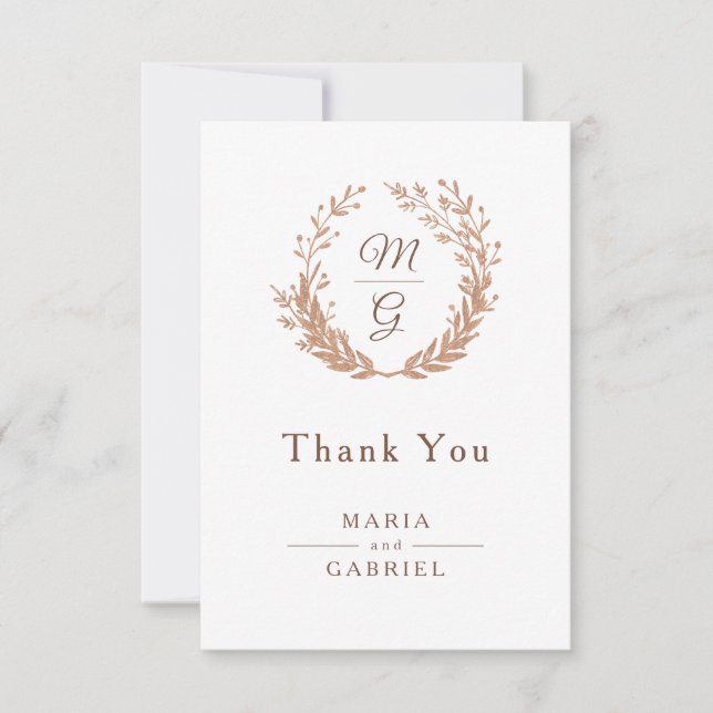 Tarjeta De Agradecimiento Vela de follaje dorado con monograma. Boda (Anverso)