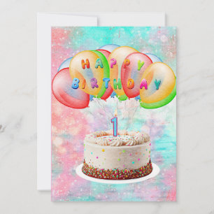 Tarjeta De Agradecimiento Vela número 1 en pastel, cumpleaños feliz, colorid