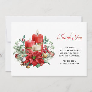 Tarjeta De Agradecimiento Velas bonitas y ramo de poinsettia Navidad