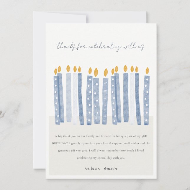 Tarjeta De Agradecimiento Velas de cumpleaños de acuarela azul pastel suave  (Anverso)