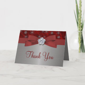 Tarjeta De Agradecimiento Velor rojo y copos de nieve plateados