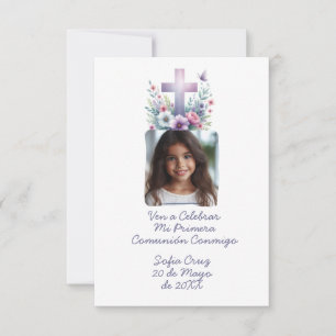 Tarjeta De Agradecimiento Ven a celebrar mi Primera Comunión con Foto Flores