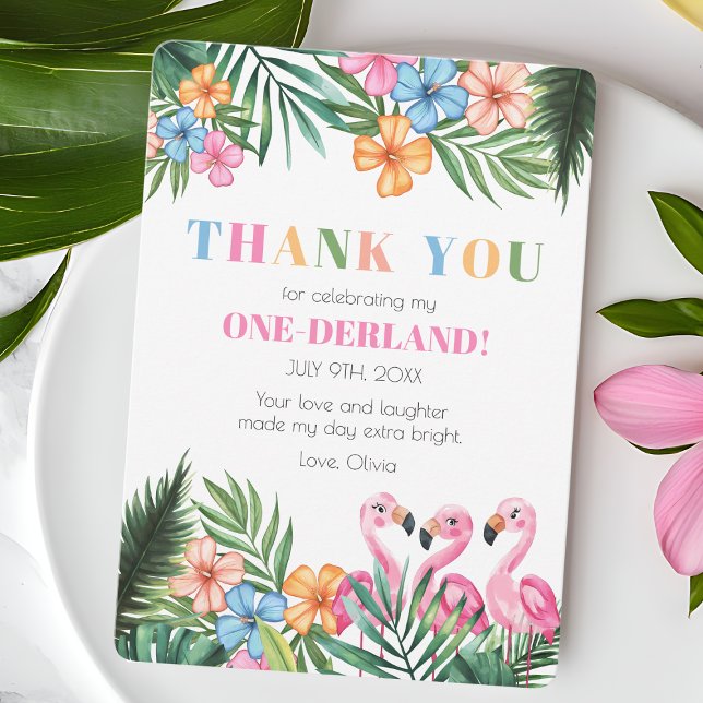 Tarjeta De Agradecimiento Verano Terrestre Tropical Flamingo 1er cumpleaños (Onederland Summer Tropical Flamingo 1st Birthday Thank You Card)