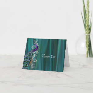 Tarjeta De Agradecimiento Verde azulada mirada satinada con Boda pavo real g