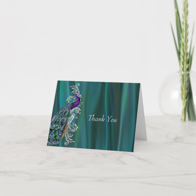 Tarjeta De Agradecimiento Verde azulada mirada satinada con Boda pavo real g (Anverso)