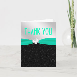 Tarjeta De Agradecimiento Verde azulado Black Floral Damask Diamond Gracias