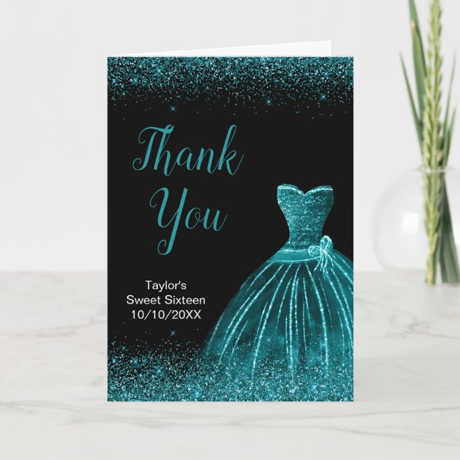Tarjeta De Agradecimiento Verde azulado Blue Dress Faux Purpurina Sweet 16 C (Anverso)