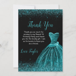 Tarjeta De Agradecimiento Verde azulado Blue Dress Faux Purpurina Sweet 16 C