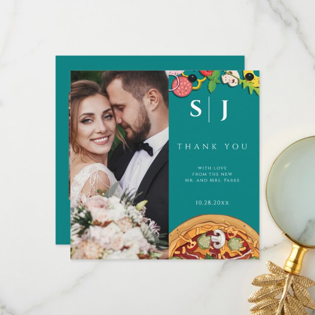 Tarjeta De Agradecimiento Verde azulado PIZZA Azul Verde Boda mínimo moderno (Anverso/Reverso In Situ)