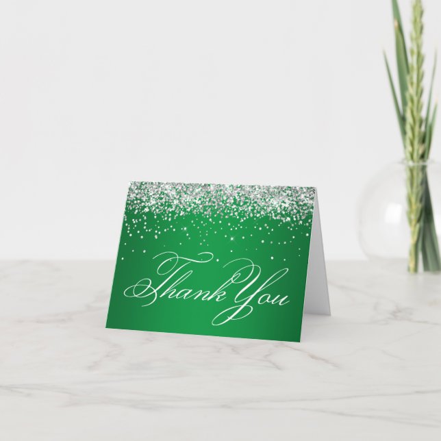Tarjeta De Agradecimiento Verde brillante Purpurina fino y plateado (Anverso)