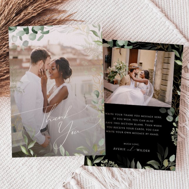 Tarjeta De Agradecimiento Verde caprichoso negro y dorado foto plana desvane (Subido por el creador)