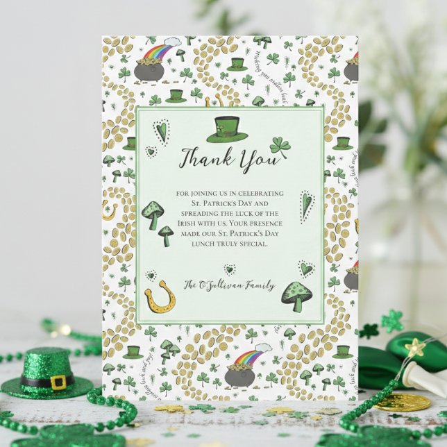 Tarjeta de agradecimiento verde claro del día de S (Hand Drawn Leprechaun Hat, Pot of Gold, Rainbow, Horseshoe, Green Clovers, Gold Shamrock Coins)