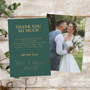 Tarjeta De Agradecimiento Verde con Boda de guión elegante de oro
