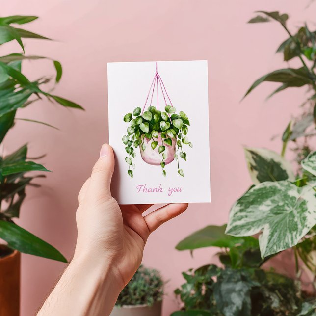 Tarjeta De Agradecimiento Verde de Cesto Colgante Rosa Acuarela Gracias (Hanging house plant, pink and green thank you card)