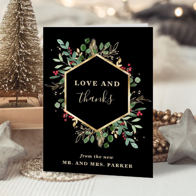Tarjeta De Agradecimiento Verde dorado negro | Boda de Navidades fotográfico (An elegant thank you card for your Christmas wedding)