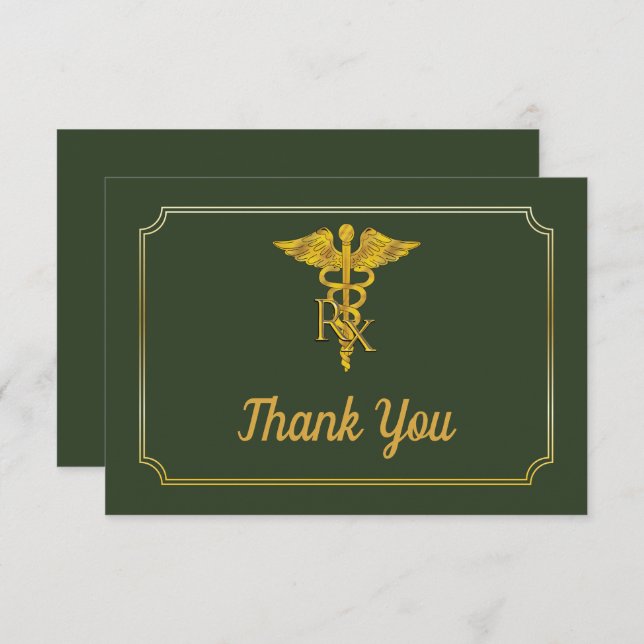 Tarjeta De Agradecimiento Verde elegante | Graduación de farmacia Gold Rx (Anverso / Reverso)