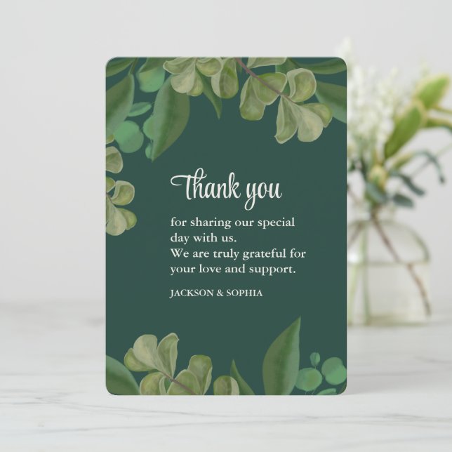 Tarjeta De Agradecimiento Verde esmeralda Elegante vegetación rústica hojas  (Anverso de pie)