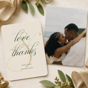 Tarjeta De Agradecimiento Verde Esmeralda Oro Foto Boda Amor & Agradecimient