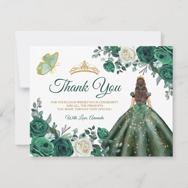 Tarjeta De Agradecimiento Verde Esmeralda Vestido Corona de Oro de Quinceañe (Anverso)