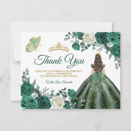 Tarjeta De Agradecimiento Verde Esmeralda Vestido Corona de Oro de Quinceañe