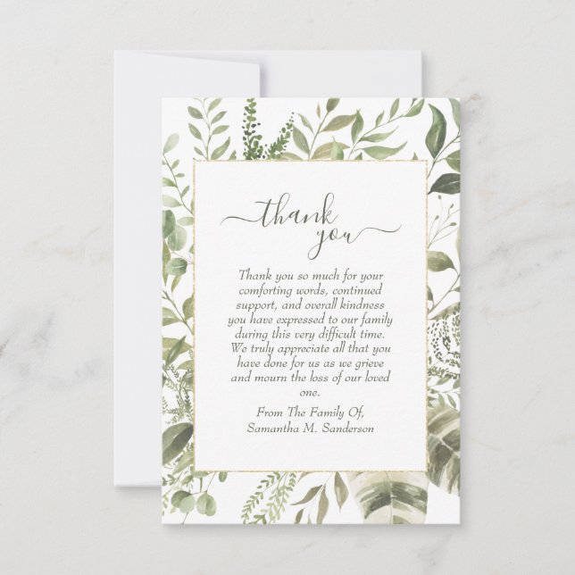 Tarjeta De Agradecimiento Verde Funeral Acuarela En Memoria Amorosa (Anverso)