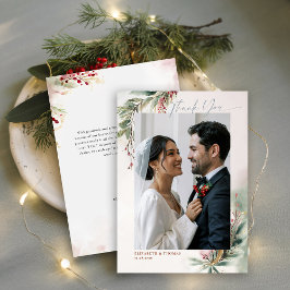 Tarjeta De Agradecimiento Verde Invernal Rojo Estilo Navideño Chic Foto Grac
