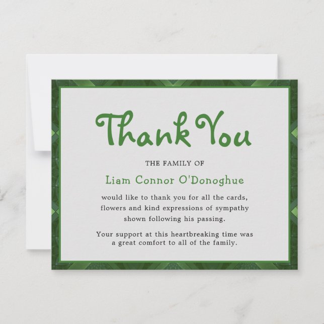 Tarjeta De Agradecimiento Verde irlandés simple | Funeral Gracias (Anverso)