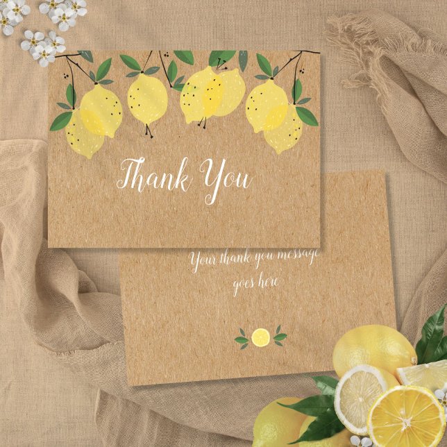 Tarjeta De Agradecimiento Verde limón Floral Rústico Kraft Boho (Lemons Greenery Floral Rustic Kraft Boho Thank You Card)