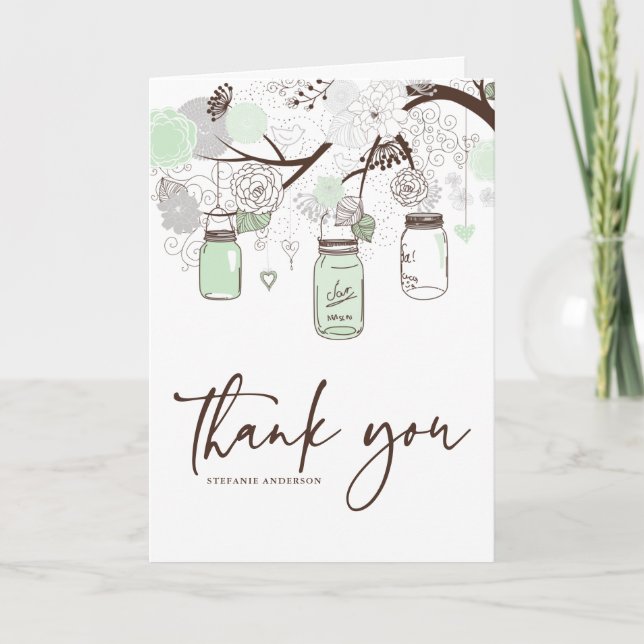 Tarjeta de agradecimiento verde menta y gris flora (Anverso)