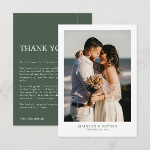 Tarjeta De Agradecimiento Verde oscuro moderno con Boda de fotos