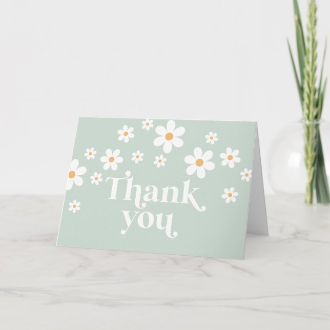 Tarjeta de agradecimiento verde Retro Daisy boho (Anverso)