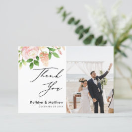 Tarjeta De Agradecimiento Verde rosa elegante Boda de fotos con guión elegan