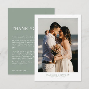 Tarjeta De Agradecimiento Verde sabio simple moderno con Boda de fotos
