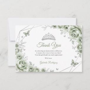 Tarjeta De Agradecimiento Verde Salvia Floral Quinceanera Plateada