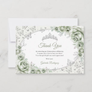 Tarjeta De Agradecimiento Verde Salvia Floral Quinceañera Plateada