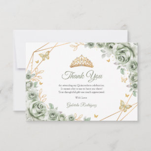 Tarjeta De Agradecimiento Verde Salvia Quinceañera Floral Dorada