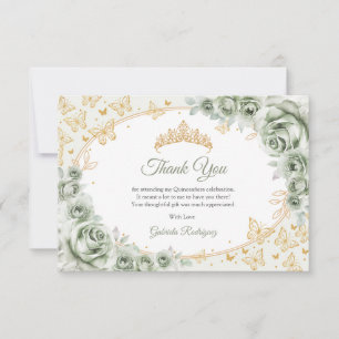 Tarjeta De Agradecimiento Verde Salvia Quinceañera Floral Dorada