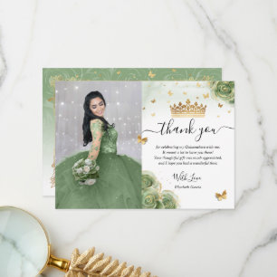 Tarjeta De Agradecimiento Verde Salvia y Dorado Foto de Quinceañera Cumpleañ