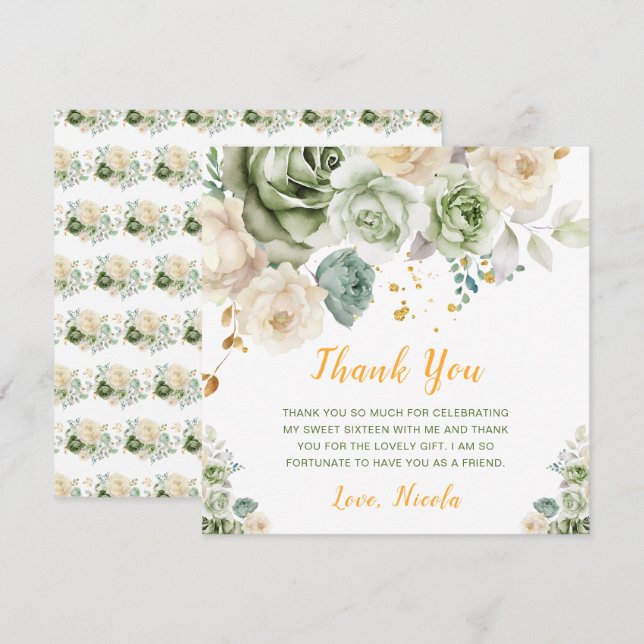 Tarjeta De Agradecimiento Verde Salvia y Floral Crema Sweet Sixteen (Anverso / Reverso)