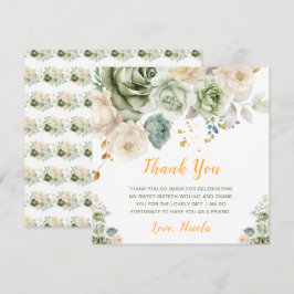 Tarjeta De Agradecimiento Verde Salvia y Floral Crema Sweet Sixteen