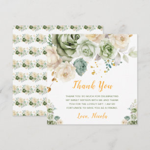 Tarjeta De Agradecimiento Verde Salvia y Floral Crema Sweet Sixteen