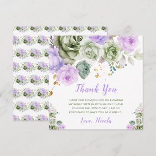 Tarjeta De Agradecimiento Verde Salvia y Floral Púrpura Cumpleaños Dulces Di