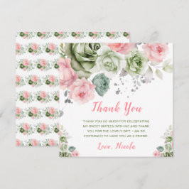Tarjeta De Agradecimiento Verde Salvia y Rosado Floral Dulces Dieciséis