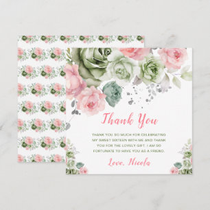 Tarjeta De Agradecimiento Verde Salvia y Rosado Floral Dulces Dieciséis