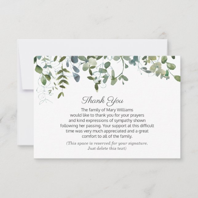 Tarjeta De Agradecimiento Verde Tu Firma Funeral Gracias (Anverso)