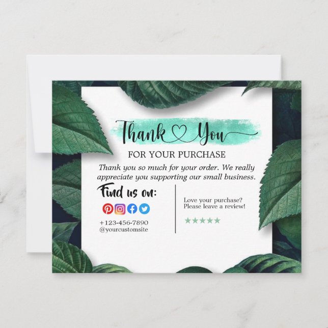 Tarjeta De Agradecimiento Verdes Tropicales Gracias Por Tu Compra (Anverso)