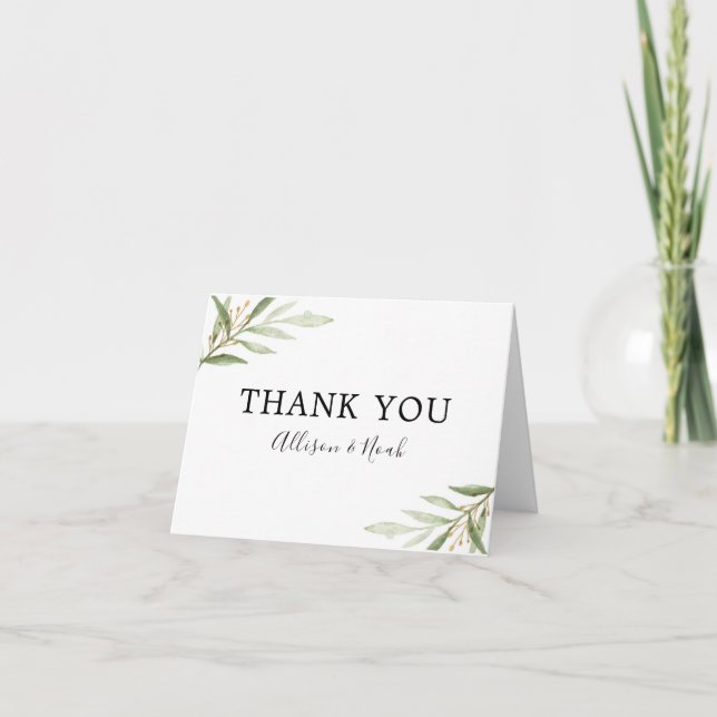 Tarjeta De Agradecimiento Verdor acuarela hojas de oro verde boda (Anverso)
